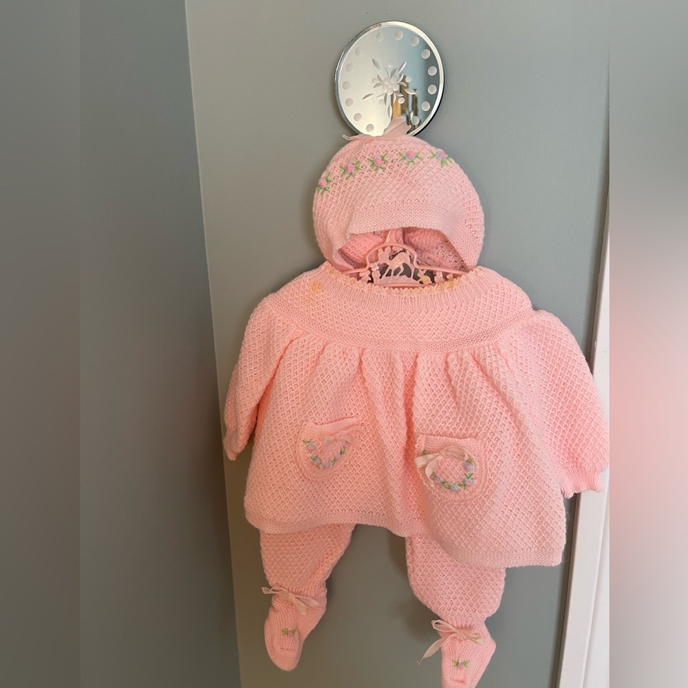 Vintage 1970s sweater and footies with bonnet. Used. Smoke Free Home.